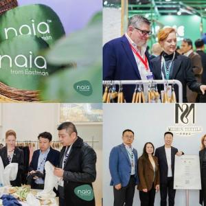 General manager Ruth Farrell shared samples made with Naia™ to customers at the Intertextile booth.