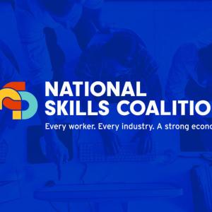 Children sitting in front of computers, covered with a blue filter. "National Skills Coalition. Every worker. Every industry. A strong economy." and NSC logo on top of the image.
