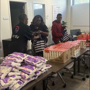 Tables piled with donated food