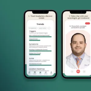 Image of three mobile phones displaying trends, video chat and personalised care plan