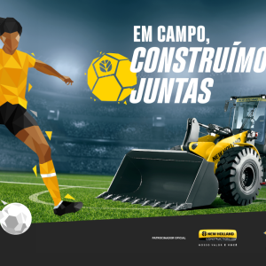 illustration of a female footballer on a pitch with a piece of agricultural equipment in the background
