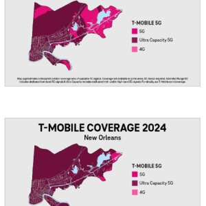 Side by side maps "T-Mobile coverage 2021 and 2024" in New Orleans. Different colors representing different coverage levels.