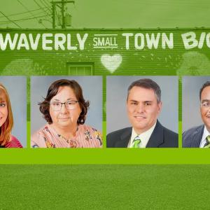 Profiles of Mary McMillan, Kathy Peyton, Scott Beard and Rudy Walker. A green background with image of the side of a building with "Waverly small town big" painted on the sign.