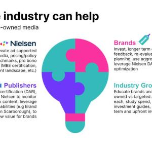 How the industry can help. Graphic of a lightbulb with puzzle like pieces.  Nielsen: Discover and elevate ad supported diverse-media. Brands: Invest, longer term commitments, feedback, re-evaluate efficiency and planning. Publishers: Digital certification dialogue with Nielsen to monitor and watermark content. Industry Groups: Educate brands and publishers on owned vs. targeted and advantages of each. 