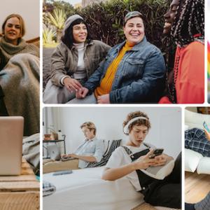 Photo montage of people in front of a computer, at a Pride parade and relaxing in chairs.