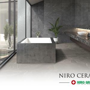 bathroom with niro granite logo