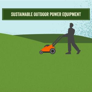 The Home Depot: Sustainable Outdoor Power Equipment. Illustration of a person mowing the lawn.