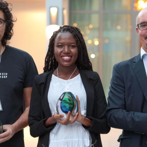 2022 Ocean Exchange Winners with Solutions for CO2 and Fisheries Protection: Ocean/Climate Nexus. L-to-R, André Mão de Ferro of C2C-NewCap, Diana Orembe of NovFeed and Jon Asin of BeePlanet Factory