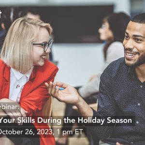 Two people engage in conversation with other discussion groups in the background. Text overlay promotes Taproot's event on donating skills during the holidays.