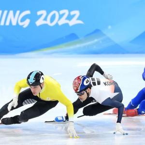 Speed skaters competing
