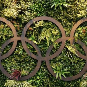 Olympic rings on a topiary wall