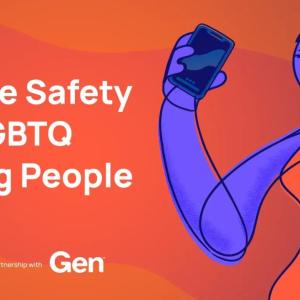Illustration of a person holding a phone, with the text "Online Safety for LGBTQ Young People"