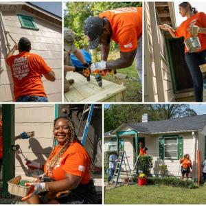 Operation Surprise Volunteers from The Home Depot shown painting, cleaning and fixing up a veterans home.
