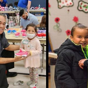 Children receiving shoes and coats