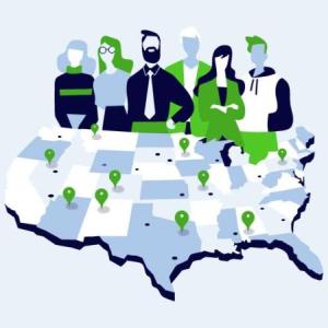 cartoon graphic of six people and map of the United States