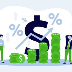 cartoon graphic of two people and coins going upward