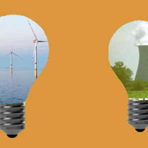 Two lightbulbs: one with an illustration of wind power and the other showing a nuclear reactor. 
