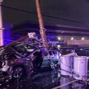 Utility pole hit by a car and destroyed.