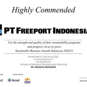 PT Freeport Indonesia's Sustainable Business Practices Award in the Highly Commended Category