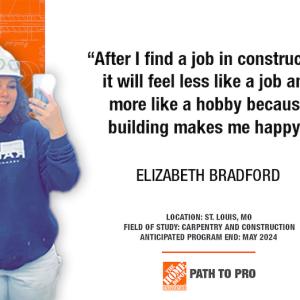 "After I find a job in construction it will feel less like a job and more like a hobby because building makes me happy." ELIZABETH BRADFORD LOCATION: ST. LOUIS, MO FIELD OF STUDY: CARPENTRY AND CONSTRUCTION ANTICIPATED PROGRAM END: MAY 2024