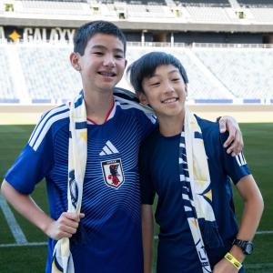 Kids from Little Tokyo Service Center pose at LA Galaxy home stadium