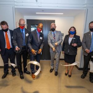 (From L to R) Rockwell’s Michael Cook, Jeff Petro, and Marzell Brown; CSU President Harlan Sands, Interim Washkewicz College of Engineering Dean Joanne Belovich, and Engineering Technology Department Chair and Professor Michael Adams celebrate the grand opening of the Rockwell Automation Connected Enterprise Laboratory.