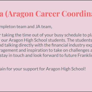Thank you note from Qeenie Hua, Aragon Career Coordinator
