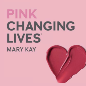 A love heart made from makeup with text that reads "Pink changing lives Mary Kay"