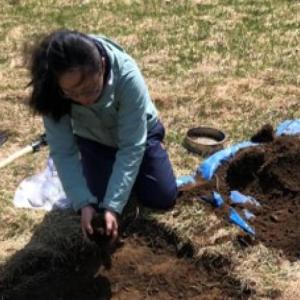 A person knelt on the group gardening using a bag of fresh soil 