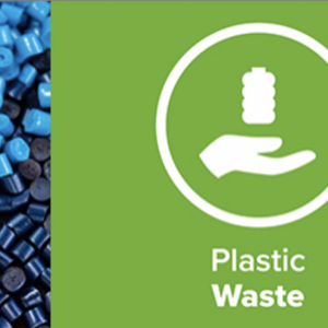 Symbol of a hand stretched out holding a plastic bottle. "Plastic Waste".