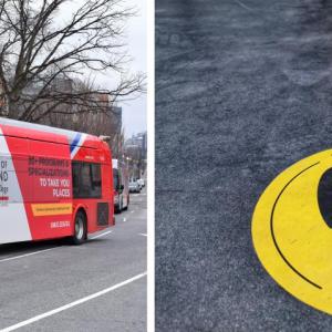 A photo of a bus and floor stickers 