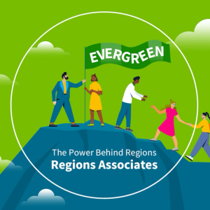 illustration of people climbing up a mountain with an 'evergreen' flag at the top