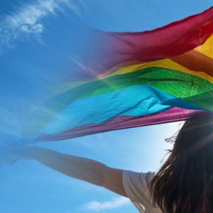 A person looking towards a sun in an open blue sky holding up a rainbow flag.