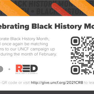 Flyer for CRB's 2023 UNCF Campaign "Celebrating Black History Month" with QR code. 