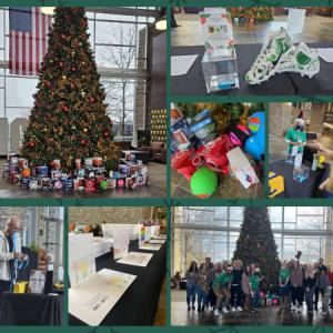 Giving Tuesday collage showing a large Christmas tree with packages underneath it.