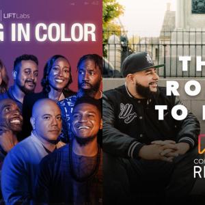 Collage of two photos: Left- "Founding in Color" with two rows of people. Right- Two people sitting in front of a monument, smiling at each other. "The road to rise".