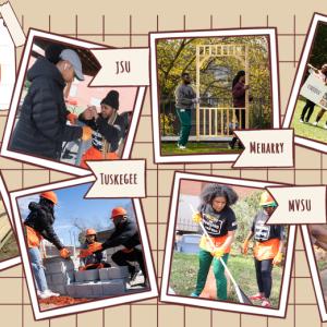 A collage of photos of people helping to renovate a school