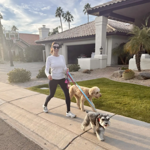 Rachel Beneke walking her dogs.