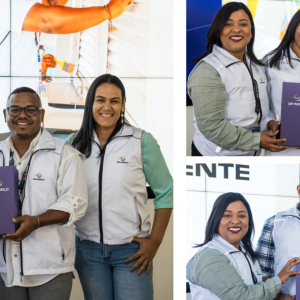 Collage showing DP World employees posing together and holding certificates or folders during a volunteer recognition event.