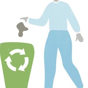 A basic digital drawing of a person putting something in a green bin with a recycling logo on it.