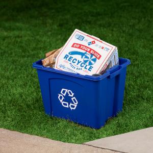 A pizza box inside a recycling container 