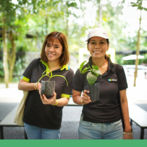 Two smiling people holding plants