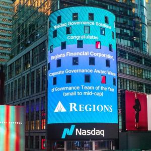 Nasdaq billboard congratulating Regions for their award