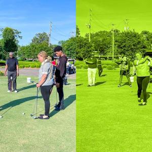 Black students practice putting and their golf swings