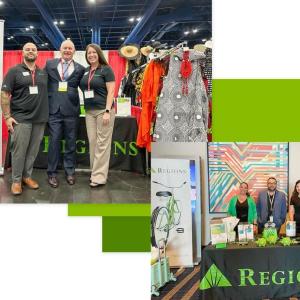 Two separate photo's from the community day expo. The photo on the left is of three people stood together in front of an event stand. The photo on the right is of people stood behind the regions event stand