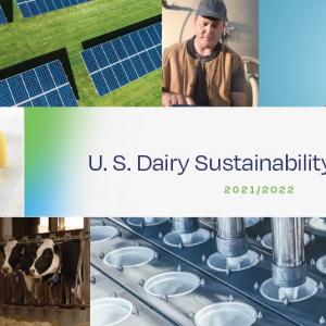 U.S. Dairy Sustainability Report cover with image of dairy cows, people, and solar panels