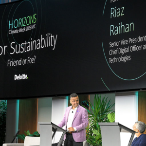 Trane Technologies' Chief Digital Officer Riaz Raihan outlines his case on how artificial intelligence is reshaping climate solutions, data-driven insights and sustainable innovation during a debate at Horizons hosted by Deloitte.