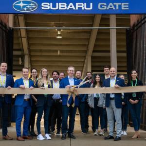 Alan Bethke (center), Senior Vice President - Marketing, Subaru of America Inc. is joined by Philadelphia Union executives and staff at ceremonial ribbon cutting to re-open Subaru Park as zero landfill on October 23, 2021.