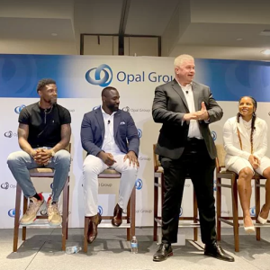Athletes Panel at the Opal Group Conference in July 2021 in Newport, RI with (left to right) Rick Davis of LOHAS Capital, Udonis Haslem, Shawn Springs, Daniel Puder, Santia Deck, and Tim Hardaway.