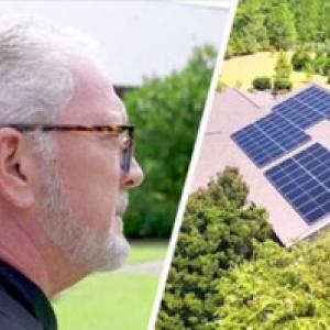 A split image shows man wearing glasses looking off camera, and a rooftop solar panel array.